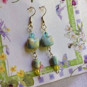 Handmade green and yellow clay beaded earrings